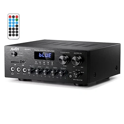 Imagen de Moukey Receptor de Amplificador Audio Estéreo 2 Canales, Bluetooth 200W con USB, SD, AUX, RCA, Mic in Echo, Radio, LED para Casa Altavoz, MAMP1