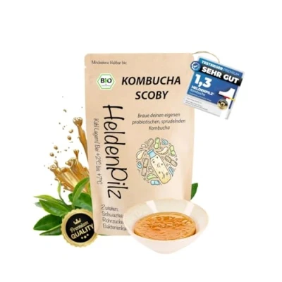 Imagen de HeldenPilz® Organic Kombucha Scoby Seta de té crecimiento fuerte Skoby + líquido mezcla regalo fabricación hasta 6 litros ingredientes 100% naturales Bio sostenible y sin plástico