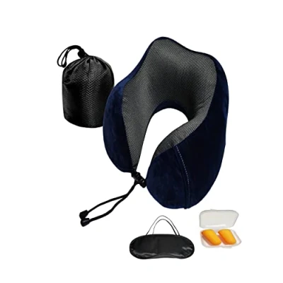 Imagen de almohada de viaje,Almohada espuma viscoelástica para el cuello, apoyo antifaz dormir, tapones los oídos, bolsa, bolsa ligera y rápida acampar, (azul)