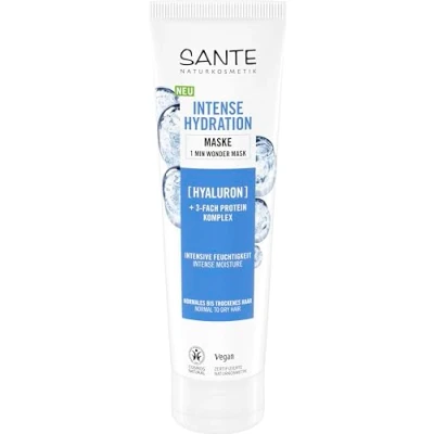 Imagen de SANTE Naturkosmetik mascarilla de hidratación intensa para el cabello hialurónico + complejo proteínas 3 capas, hidratante vegana seco, nutritiva con aloe vera