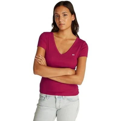 Imagen de Tommy Jeans TJW Slim Essential Rib V SS DW0DW17385 Camiseta S/S, Red (Brilliant Berry), XXS para Mujer