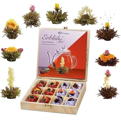 Imagen de Juego de Regalo Flores té en Caja Madera, 12 con 9 sabores blanco y negro