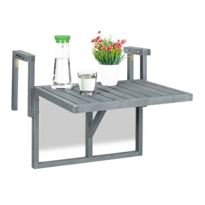 Imagen de Relaxdays Mesa Balcón Plegable, Mesita Auxiliar para Colgar de Barandilla, Altura Regulable, 55x70x65 cm, Madera, Gris