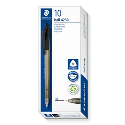 Imagen de STAEDTLER Bolígrafo retráctil triangular, color de escritura negro, ancho línea M aproximadamente 1,00 mm, para una relajada, 10 bolígrafos negros en estuche cartón, 4230 9