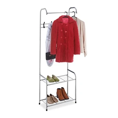 Imagen de Relaxdays Perchero Zapatero, 4 Pares Zapatos, Ganchos, 1 Barra Perchas, Colgador Pasillo, 173x60x31 cm, Color Gris, Acero