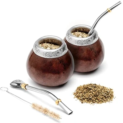 Imagen de BALIBETOV Kit Mate Argentino Set de Calabaza Natural Hecho a Mano en Argentina con Bombilla (Sorbete) para Yerba (Marron Oscuro X2)