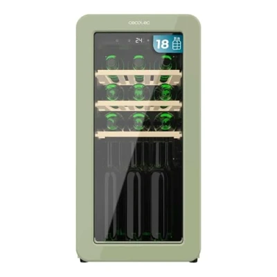 Imagen de Cecotec Vinoteca 18 Botellas Retro Bolero Grandsommelier Origin Hit Green. Acabado En Verde Con Control Led, Temp. 5 20ºC, Compresor, NoFrost, Estantes Madera, Luz Interior, Ventilación
