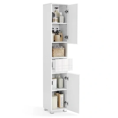 Imagen de VASAGLE Mueble de Baño, Armario Unidad Almacenamiento con un Cajón, Estantería, Compartimientos, Estantes Regulables, 30 x 170 cm, Blanco BBC560P31