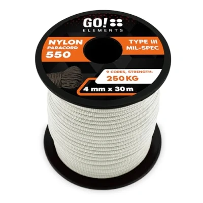 Imagen de GO!elements 30m Paracord de Nylon a Prueba desgarros 4mm 550 Typo III Cuerda Adecuado como Yute &amp; Gruesa MAX. 250kg, Color: Blanco