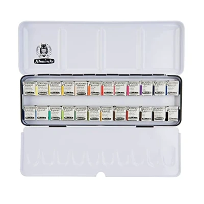 Imagen de Schmincke caja de pinturas para acuarela AKADEMIE®, surtido completo 24 x 1/2 godets, 75 424 097, metálica, colores altamente resistentes a la luz, acuarelasfinas artistas