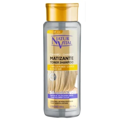 Imagen de NaturVital Champú SilverBlonde, Matizador para Cabellos Rubios o Castaño Claro, Neutraliza y Matiza Mechas Rubias Anaranjadas, con Pigmento Azul, Apto Pelo Teñido Natural, 300ml
