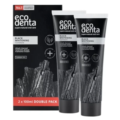 Imagen de Ecodenta pasta de dientes carbón activado, blancos, sin flúor, 2 unidades, negro, blanqueadora I Black Activated Charcoal Teeth Toothpaste x 100 ml