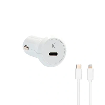Imagen de Cargador De Coche Ksix, 18w, Carga Rápida, Power Delivery + Cable Made For Iphone Usb c A Lightning, Blanco