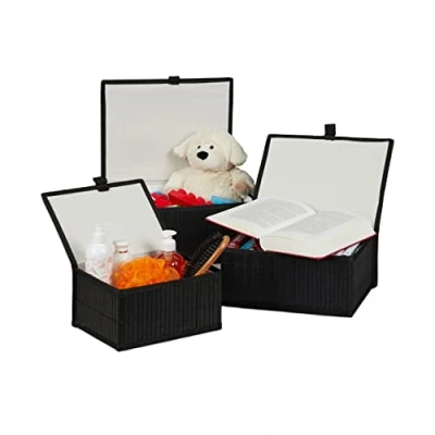 Imagen de Relaxdays, Negro Set de Tres cestas almacenaje, con Tapa, Funda Textil, Bambú, Decorativo, Poliéster