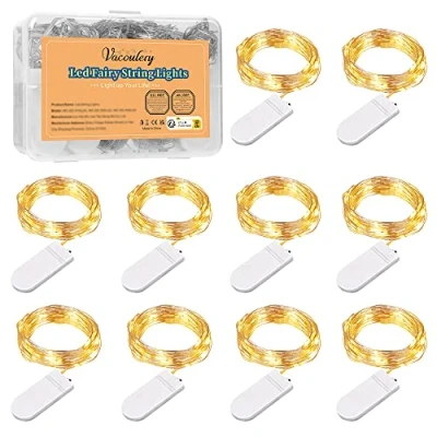 Imagen de Vacoulery Cadena de Luces con Pilas, 10 LEDs 1M Alambre Cobre Guirnaldas Micro, IP65 Impermeable Decorativas para Interior, Exterior, Boda, Fiesta Navidad, Blanco Cálido (10 Packs)