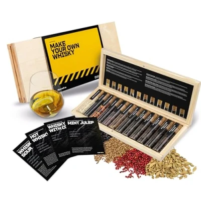 Imagen de DIBYS Mini Kit Whisky para Regalar 12 Especias Cócteles Con 4 Tarjetas de Recetas, Léxico y Elegante Caja Set Regalo Hombres Mujeres Juego Hacer Whiskey Infusión en Casa