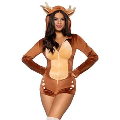 Imagen de Leg Avenue Comfy Fawn, features ultra soft velvet plush zip up romper with spotted detail, antler and ear hood, cheeky paneled booty fawn tail.