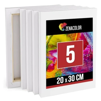 Imagen de Zenacolor Lienzos para Pintar 20x30 Set de 5 Enmarcados Tela Blanca 100% Algodón Canvas Pintura Acrilica, Oleo, Gouache y Acuarela