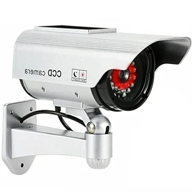 Imagen de cámara de Seguridad simulada con energía Solar, vigilancia CCTV, al Aire Libre, inalámbrica, Impermeable, Flash LED IR, Rojo (Plateado)