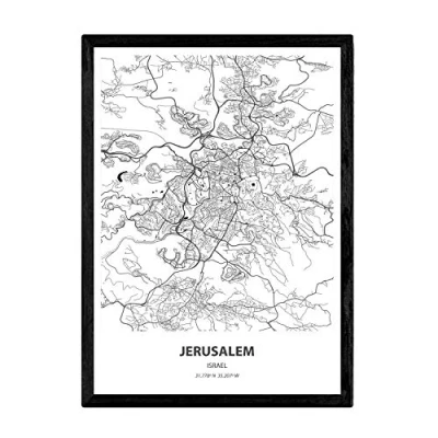 Imagen de Nacnic Poster con Mapa de Jerusalem Israel. Láminas Ciudades Oriente Medio Mares y ríos en Color Negro. Tamaño A3