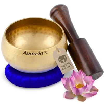 Imagen de Juego de Cuenco tibetano para yoga, meditación y relajación martillado Ø 8 cm, mazo madera mango cojín anular azul