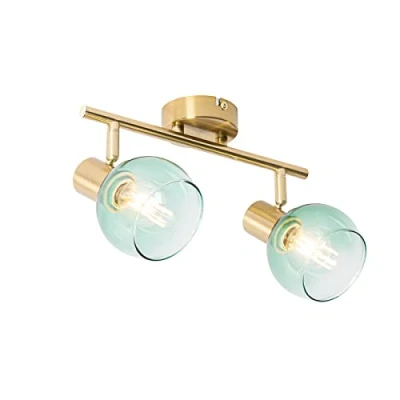 Imagen de QAZQA Art Déco Foco Deco dorado con cristal verde 2 luces Vidro Acero/Alargada Adecuado para LED Max. x 25 Watt
