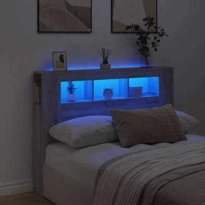 Imagen de vidaXL Cabecero LED, Cabecera con Almacenaje, Cabezal de Cama, para Dormitorio, Madera Ingeniería Gris Sonoma 140x18,5x103,5 cm