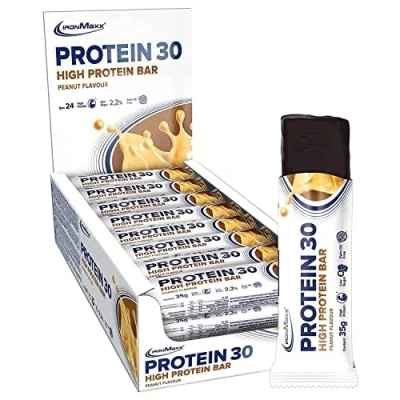 Imagen de IronMaxx Proteína 30 barrita proteica Cacahuetes 24 x 35g sin aceite de palma y gluten con vitaminas adecuado para una alimentación baja en azúcar carbohidratos