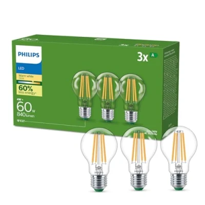 Imagen de Philips Lighting Bombilla LED Ultra Eficiente Filamento, E27, 4 W Equivalente a 60 W, Luz Cálida 2700 K, Eficiencia Energética A, Pack 3 Unidades