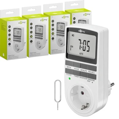 Imagen de goobay Juego de 4 temporizadores digitales 16 programas Toma corriente temporizador modo aleatorio para protección antirrobo incl. batería reserva 100 días 3680W 230V (AC) 16A 74217