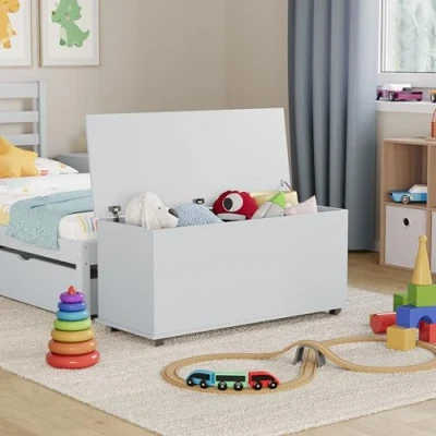 Imagen de Vida Designs León Toy Box Caja de Madera para niños con Tapa, Fundas y Mantas, Color Blanco