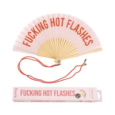 Imagen de Fisura Abanico original con mensaje “f*cking hot flashes. de madera moderno y gracioso. rosa. cuelga abanico. 42,5 x 23 cm.