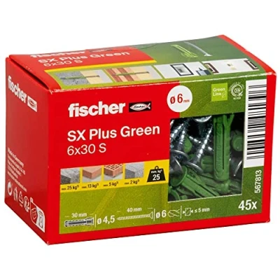 Imagen de fischer tacos pared Ecológicos para hormigón SX Plus GREEN 6 x 30 de materiales renovables fijar lámparas, cuadros, aires acondicionados, caja 45 unidades, Incluye tornillos