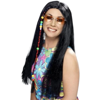 Imagen de Smiffys Peluca de fiesta hippy, negro, larga con abalorios colores