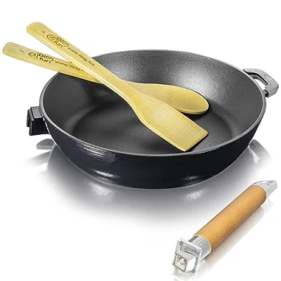Imagen de Sartén de hierro fundido esmaltado 26 cm con mango madera extraíble, espátula y cuchara cocina para parrilla gas, hoguera todo tipo fuegos, incluye inducción