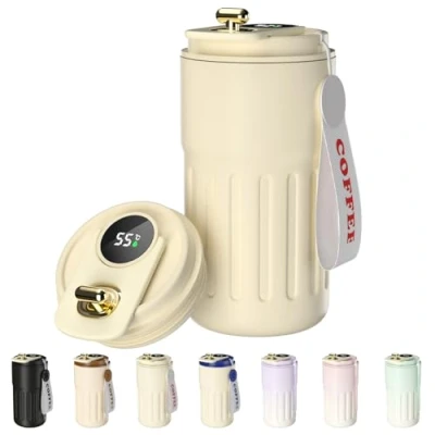 Imagen de Homealexa taza de café con pantalla digital, termos, 410 ml, acero inoxidable 316, viaje aislada, a prueba fugas, tapa para café, color Blanco