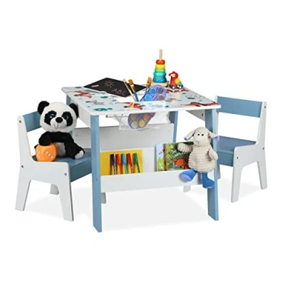 Imagen de Relaxdays Kindersitzgruppe mit 2 Stühlen Mesa y Sillas Infantiles Estantes Perros, Mesita, Asientos, Muebles Niños, Almacenaje Pizarra, Multicolor, Tablero de Fibras, 51 x 60 cm Aprox
