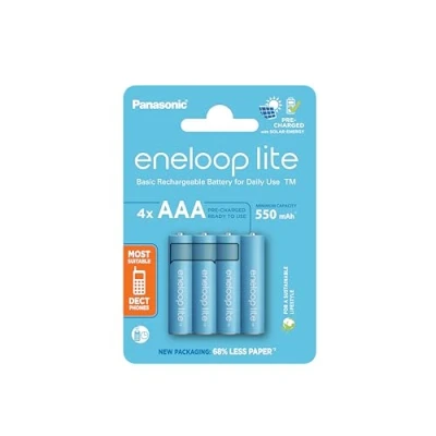 Imagen de eneloop Lite, Pilas Recargables AAA/Micro, Paquete de 4, Capacidad mín. 550 mAh, Ni MH, Listas para Usar, hasta 3000 Veces, Embalaje sin plástico, Azules