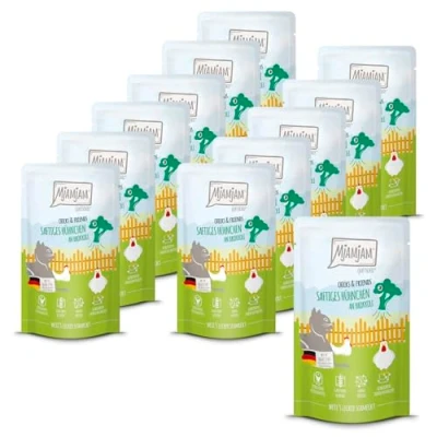 Imagen de MjAMjAM Comida húmeda Premium para Gatos Quetschie Chicks &amp; Friends Pollo jugoso con brócoli, Pack de 12 (12 x 125g), sin Cereales