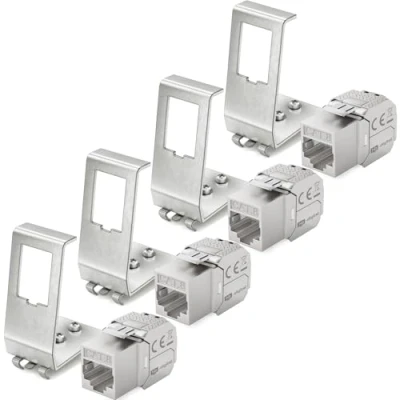 Imagen de hb digital Juego de 4 módulos Keystone RJ45 CAT.8 + adaptadores riel metal para sombrero, estándar 35 mm, conector apantallado, acero inoxidable, montaje LSA Ethernet