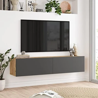 Imagen de [en.casa] Mueble TV Suspendido Mesa Tele de Pared con 2 Puertas Aglomerado Recubierto Melamina 140 x 32 30 cm Roble Rústico/Antracita