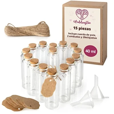 Imagen de WeddingTree 15 x 40ml Tubos de Ensayo con Tapón Corcho para Bodas Set Frascos y Llavero Corazón Invitados Bodas, Decoración, Frasco Especias