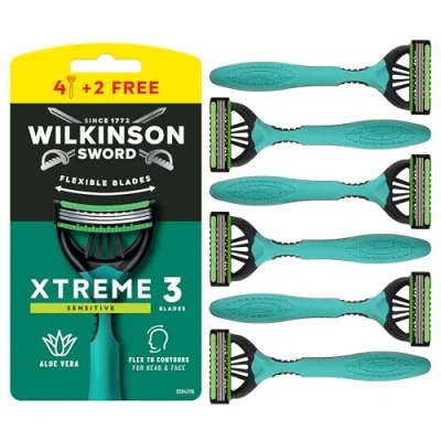 Imagen de Wilkinson Sword Xtreme 3 Sensitive Maquinillas de Afeitar Desechables con Hojas Flexibles y Banda Lubricante Aloe Vera Vitamina E, Pack Promocional 4 + Unidades