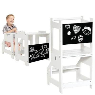 Imagen de HOMCOM Torre de Aprendizaje 2 en 1 Taburete para Niños +3 Años Convertible Escritorio con Pizarra y Barra Seguridad 42x44x86 cm Gris