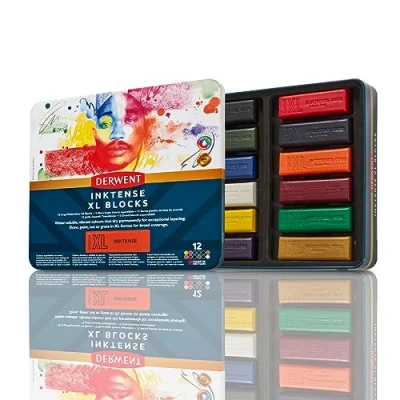 Imagen de Derwent 2306162 Barras de Colores XL Inktense, Caja Metálica con 12 Extra Largas 60mm, Solubles en Agua, Ideales para Bocetaje, Dibujo y Bellas Artes, Calidad Profesional