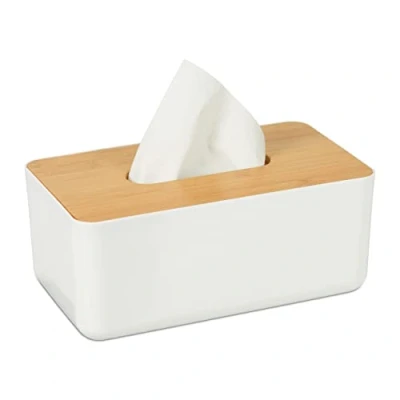 Imagen de Relaxdays Caja para pañuelos, Tapa de bambú, el baño, Moderno, Plástico, 10 x 23 13 cm, 1 Ud, Blanco &amp; Marrón