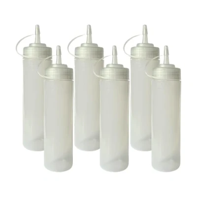 Imagen de HR Hogar Botella de Salsas Squeeze, 6 unds 250 mL Hecho en España Botellas Exprimibles Reutilizables y Reciclables Sin BPA, Tapón Antifugas, Dispensador Condimentos (Transparente)