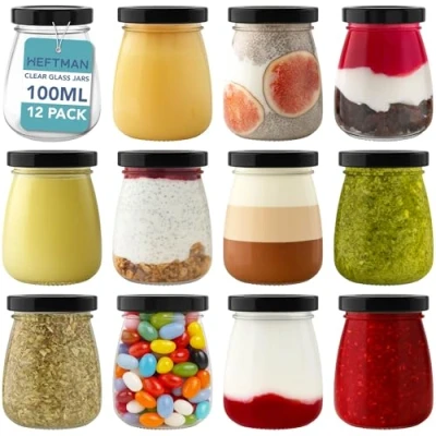 Imagen de HEFTMAN tarros pequeños de vidrio con tapas, juego 12 botellas chupito herméticas vacías 100 ml tamaño viaje, ollas a prueba fugas, yogur, mini