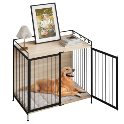 Imagen de EUGAD Jaula de Perro, Perros con 2 Puertas, Caseta Grandes Medianos y Pequeños, Barras Metal Resistentes, 104x92x60 cm, Mesa Auxiliar Salon, Estilo Vintage, Roble Claro, 0352GL