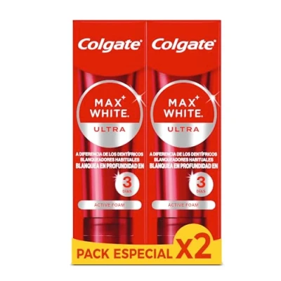 Imagen de Colgate Max White Ultra Active Foam Pasta de Dientes Blanqueadora con Flúor, Pack 2x75ml, Dentífrico Blanqueador Seguro el Esmalte, más Blancos en Sólo 3 Días*, Elimina Manchas Profundas*